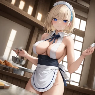 中长发, 卷发, 室内的, 乳头, R18, 侧胸, 杰作, 乳头可见, 裸体围裙